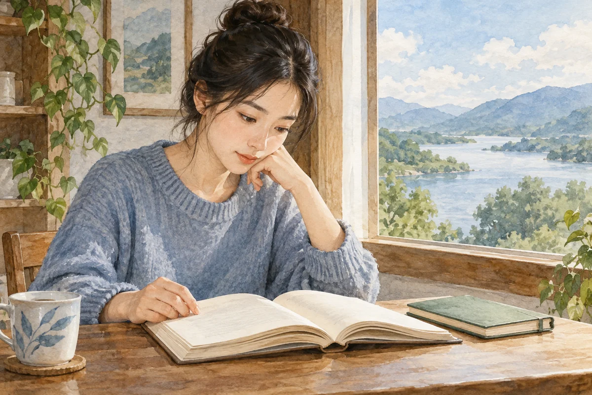 窗边专注阅读的人与摊开的书本
