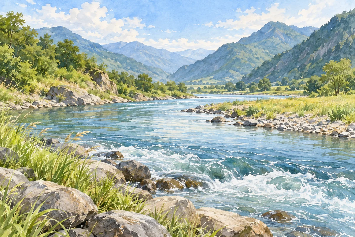 山谷中流淌的河水与两岸草木