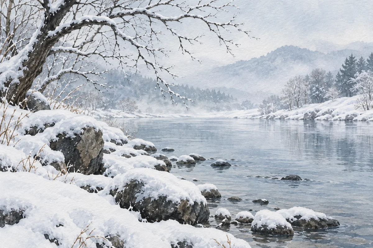 冬日河岸的积雪与安静树枝