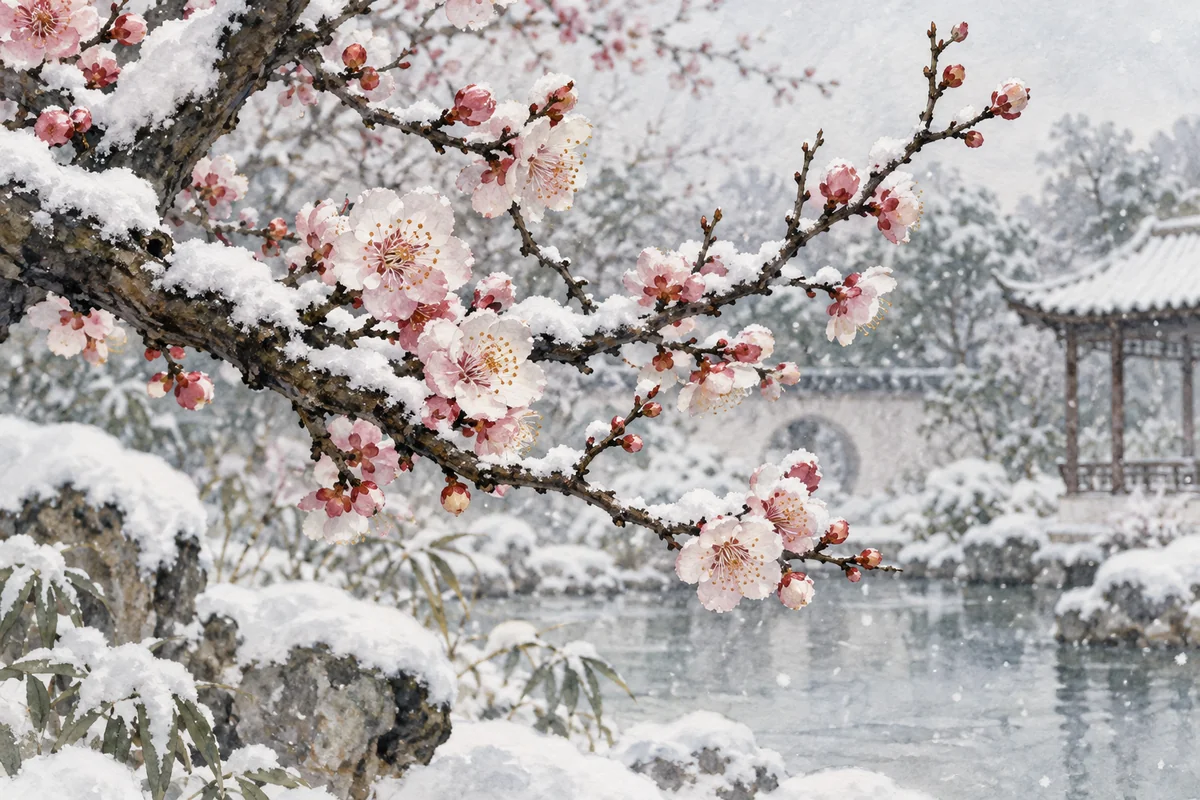 薄雪枝头开放的梅花