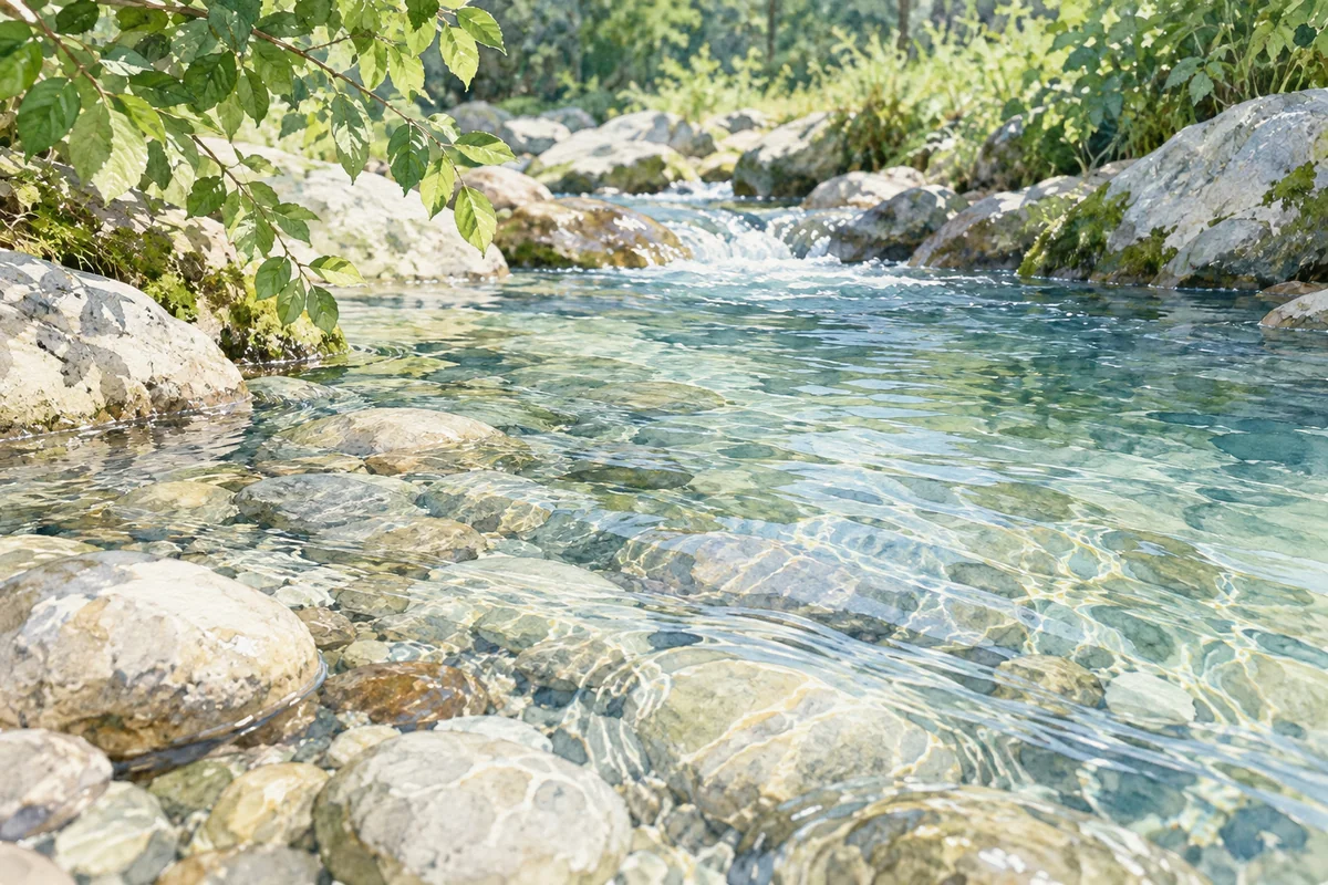 清澈溪水下的石子与细细波纹