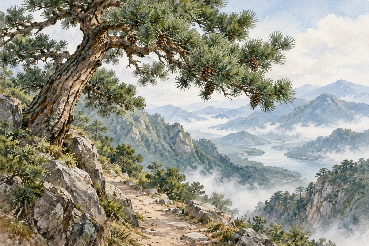 山间松树的针叶与松果
