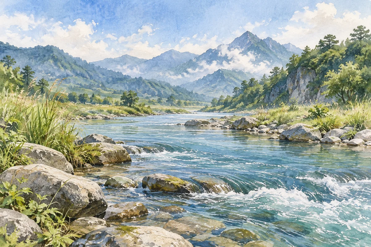 山谷中流淌的河水与两岸草木