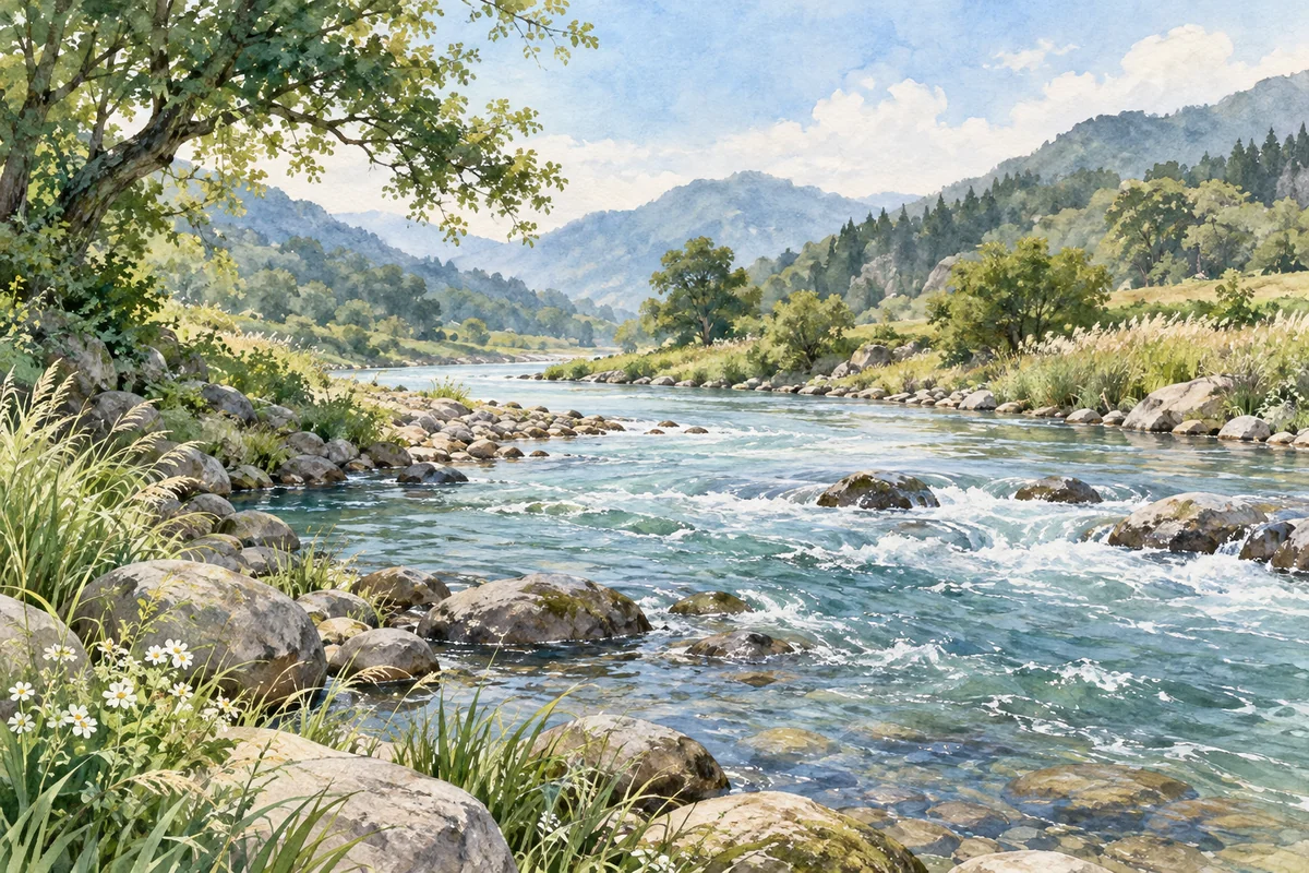 山谷中流淌的河水与两岸草木