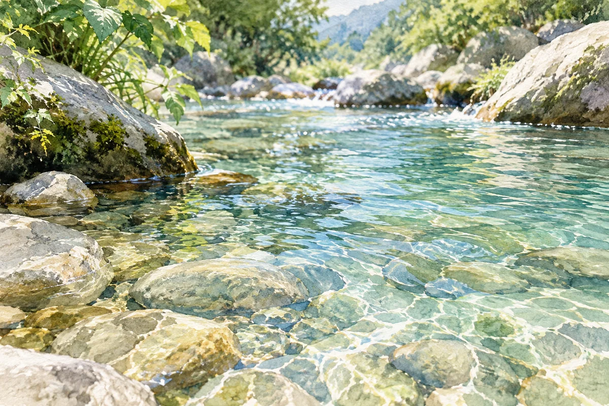 清澈溪水下的石子与细细波纹
