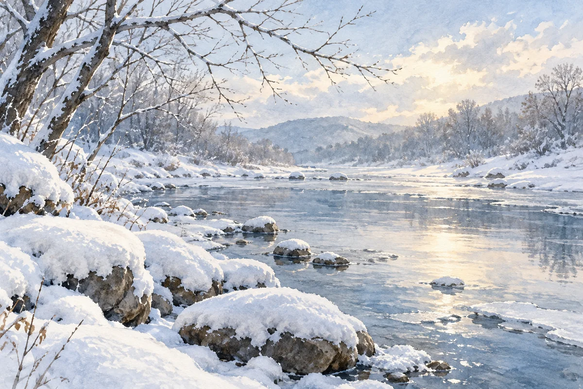 冬日河岸的积雪与安静树枝