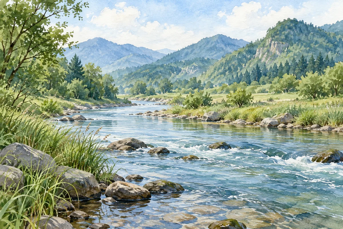 山谷中流淌的河水与两岸草木