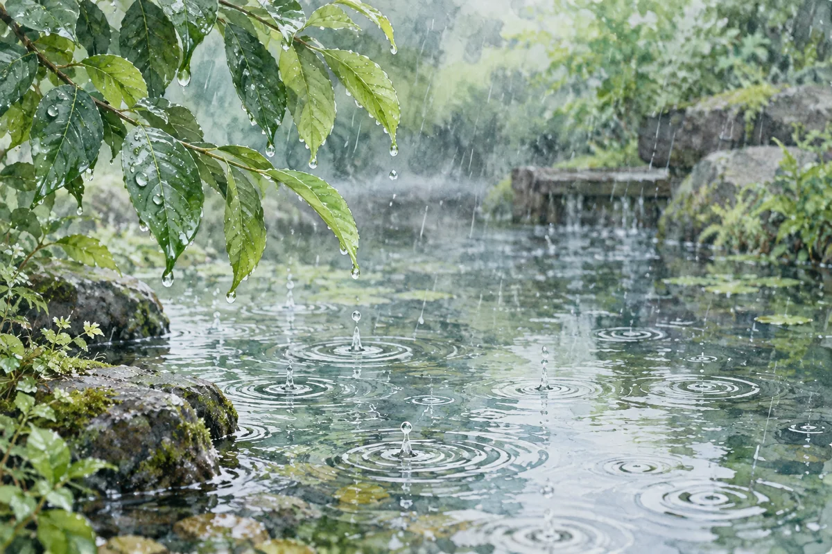 雨滴落在绿叶与水面上