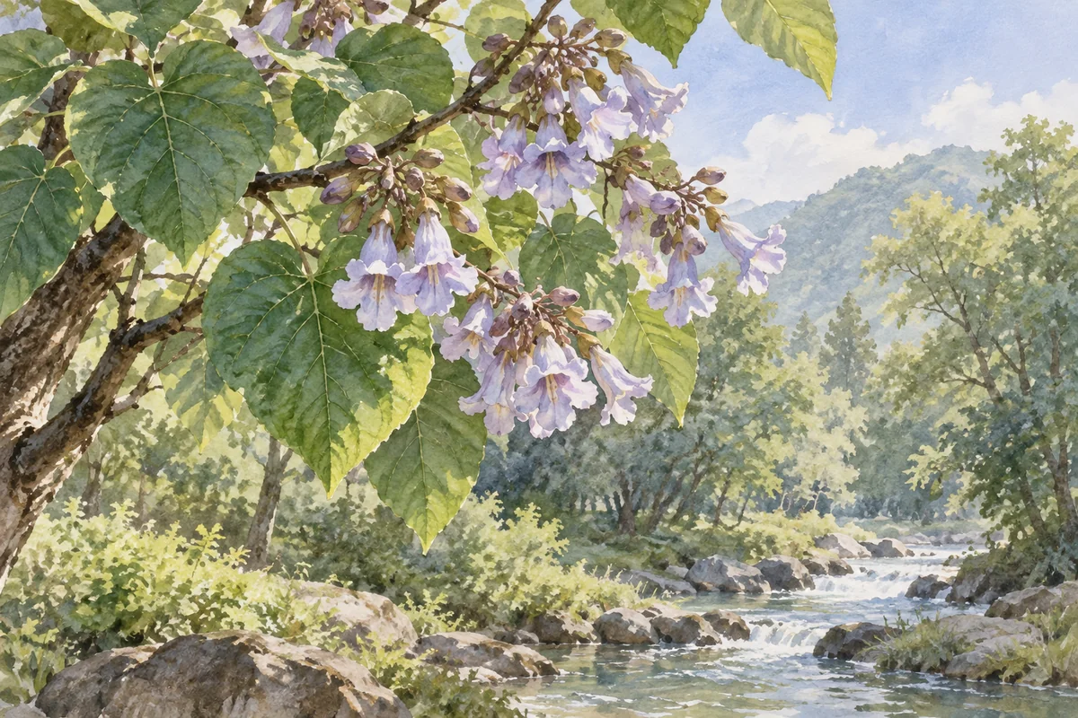 桐树的宽大叶片与浅紫色花朵