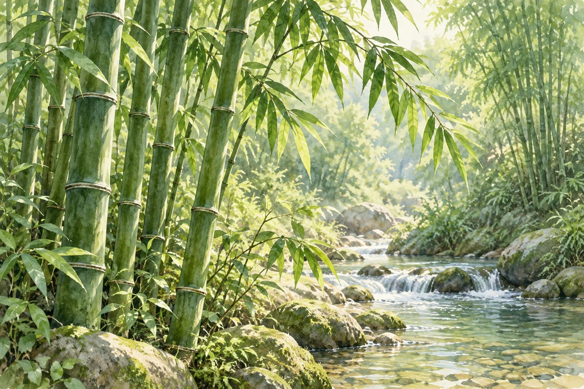 溪水旁的竹节与细长竹叶