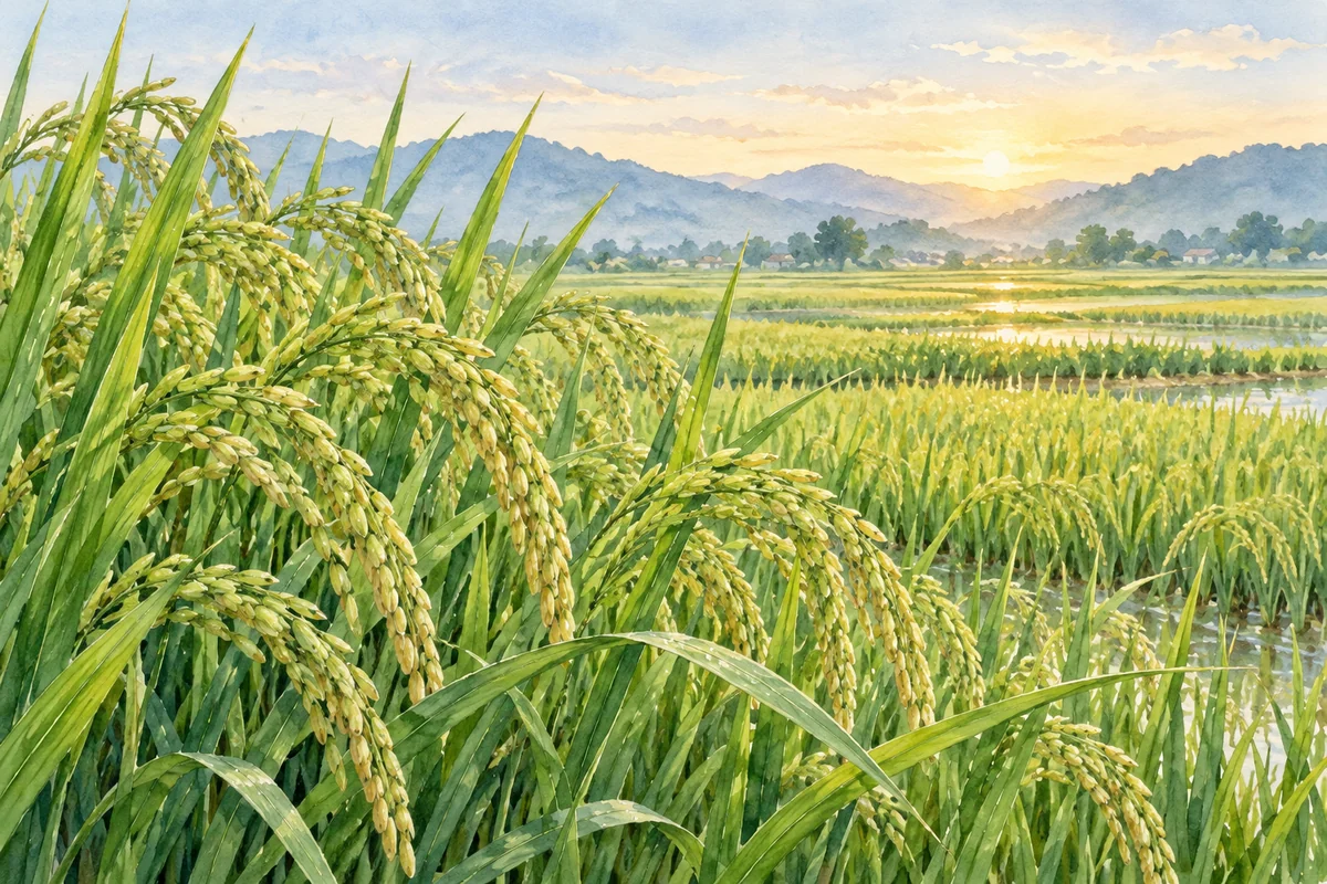 田野中的禾苗与低垂稻穗
