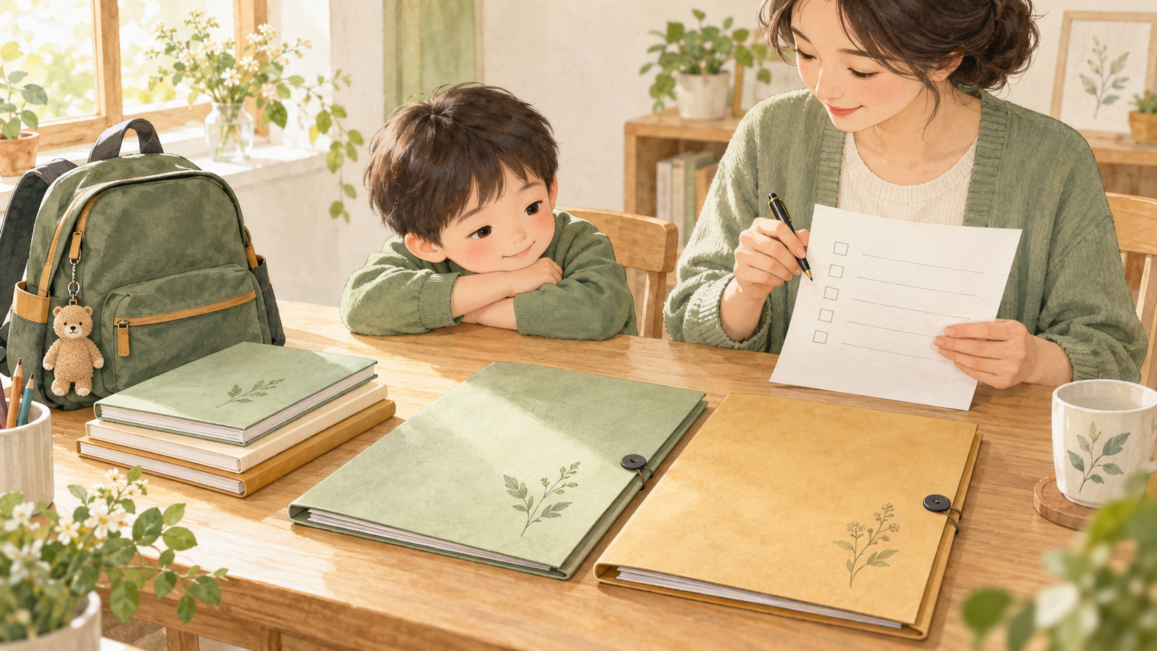 家长整理学校资料,孩子在旁准备书包