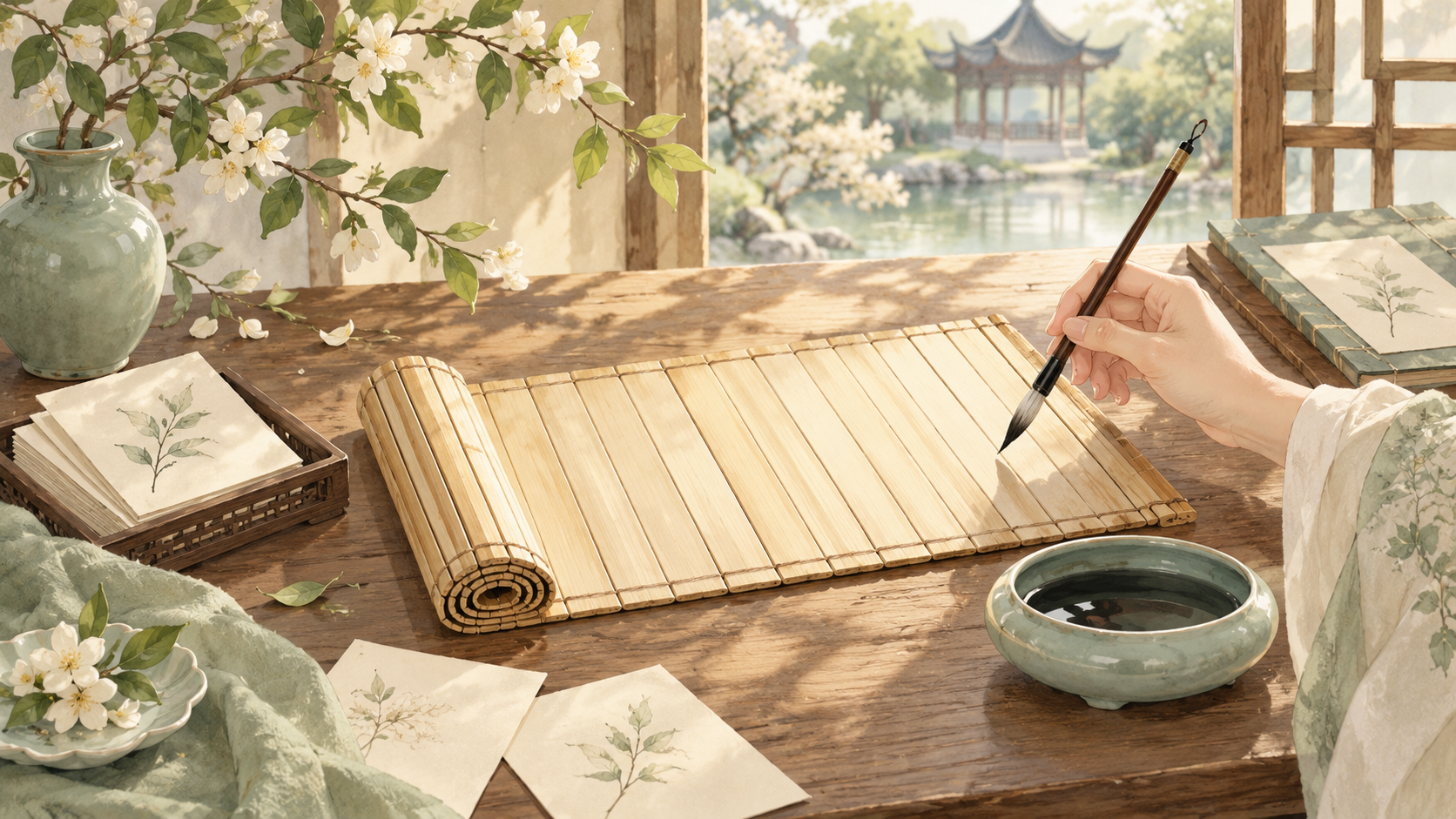 竹简、毛笔与植物用字卡片摆在窗前